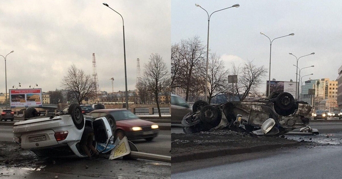 Пьяный водитель снес столб и перевернулся на Выборгской набережной